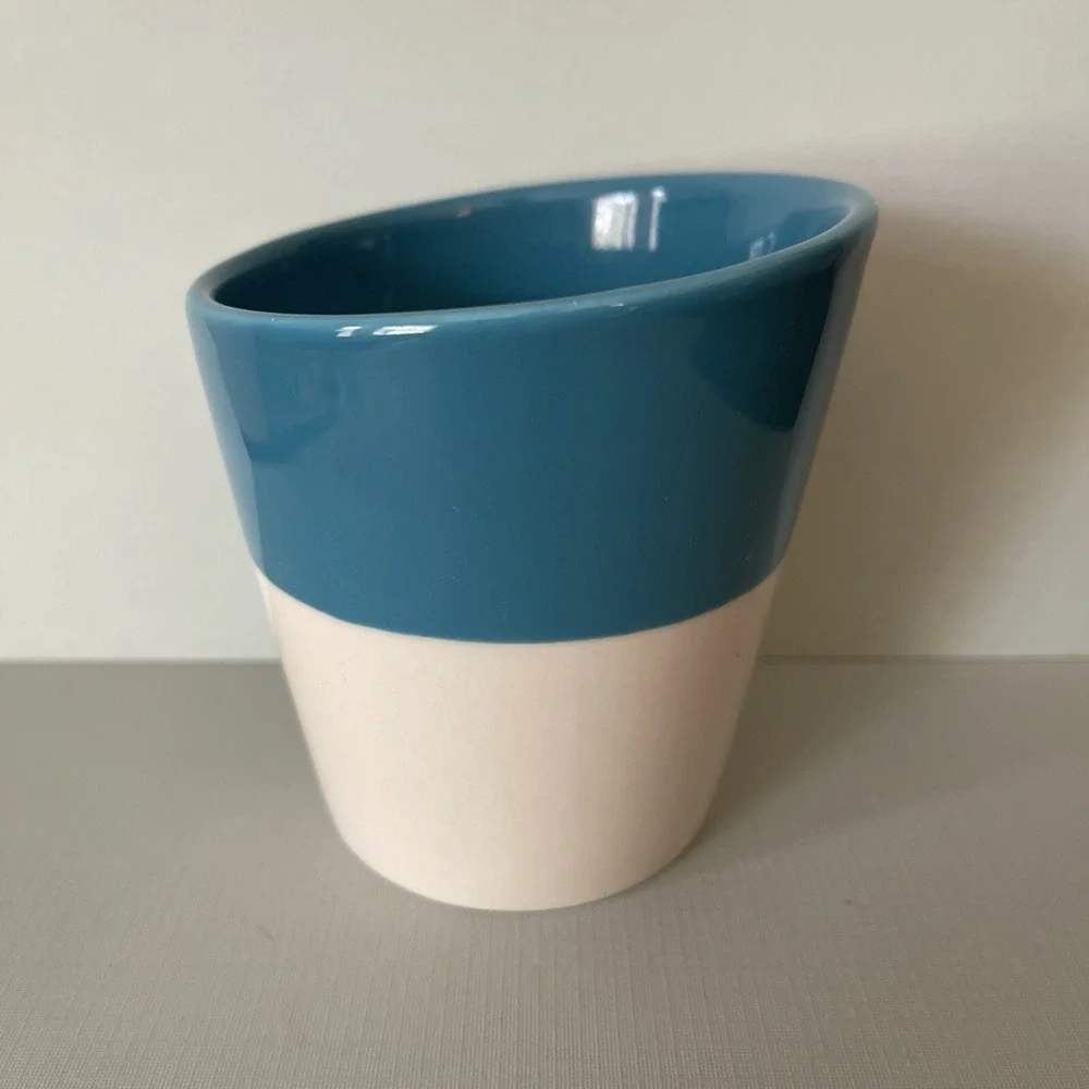 Starbucks TAZO Teal Blue Slant Top No Handle Tea Cup Coffee Mug Asymetrical 2012